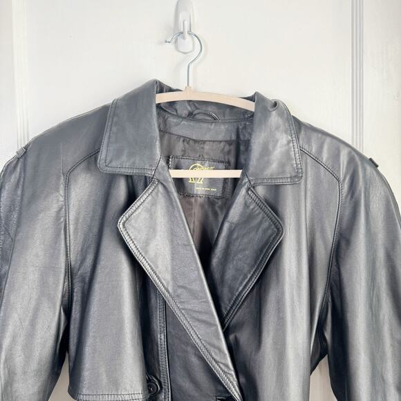 Vintage Etienne Aigner 100% Leather Trenchcoat Long Belted Black Size Medium M - Picture 2 of 16
